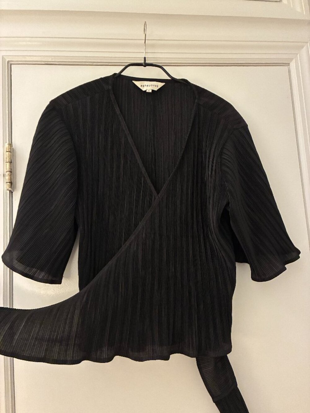 Issey Miyake style black pleated wrap blouse